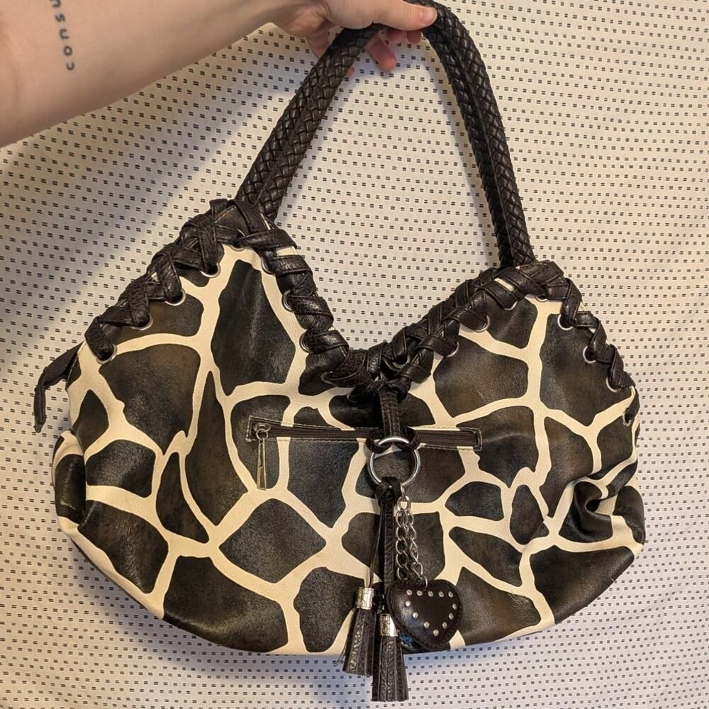 Y2K Giraffe Print Slouchy Hobo Shoulder Bag Faux Leather Heart Tassel Charm